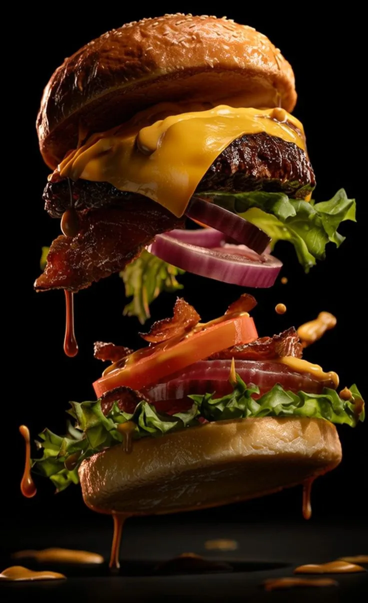 Hambúrguer artesanal em camadas: pão, cheddar derretido, carne, bacon, cebola roxa, tomate e alface