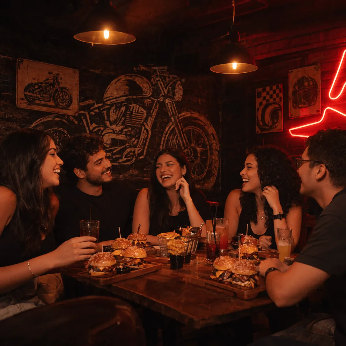 Grupo de amigos rindo à mesa com mini hambúrgueres, batatas e bebidas, diante de um mural de moto, placas retrô e um letreiro neon vermelho