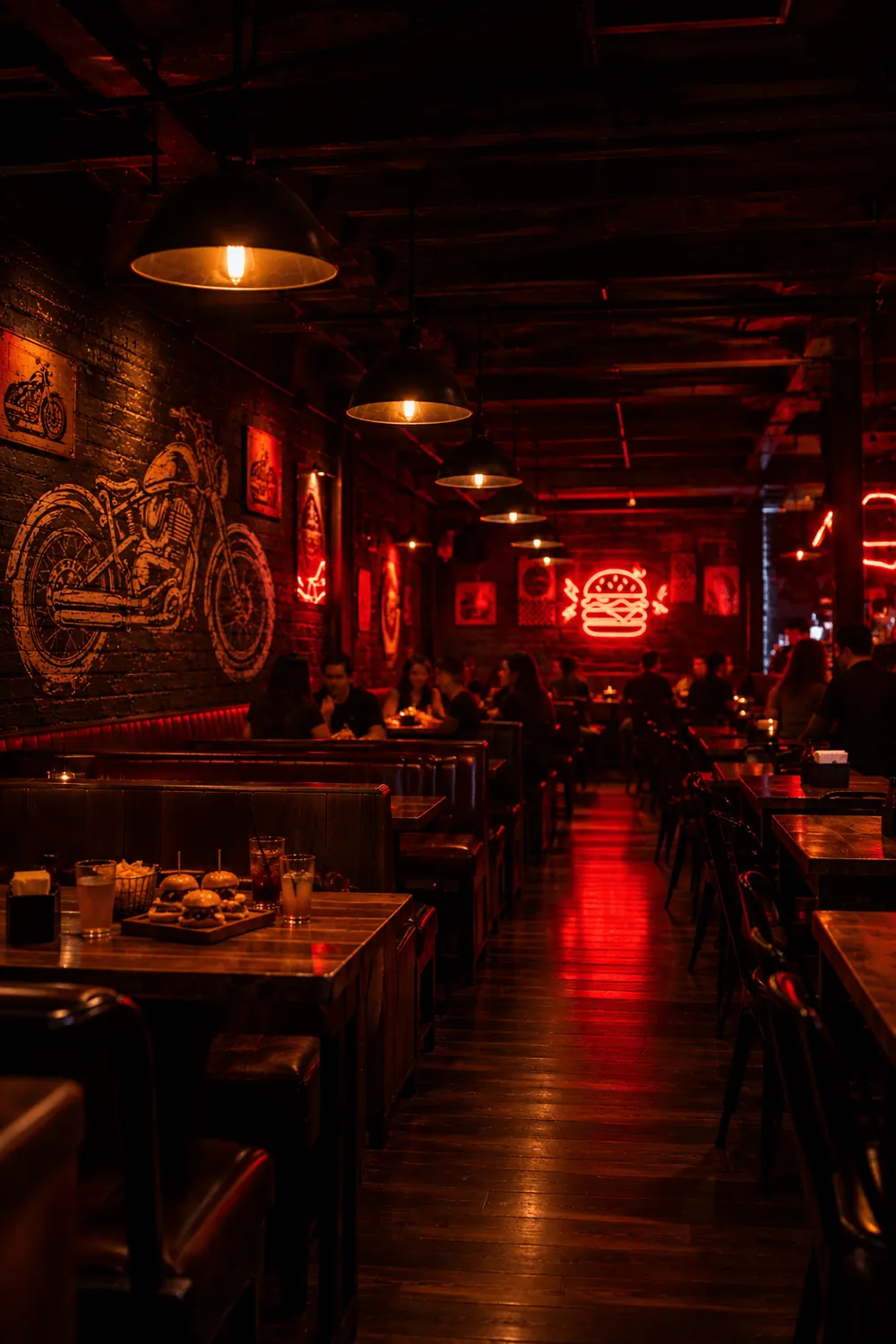 Salão da Winners cheio à noite, com mesas de madeira, luminárias acesas, mural de moto e neon vermelho