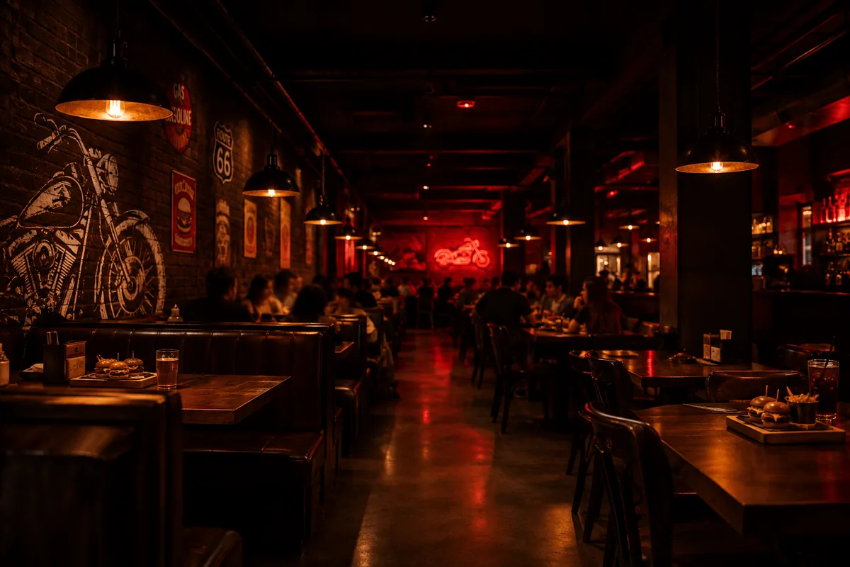 Salão cheio à noite, com mesas de madeira, luminárias acesas, mural de moto e neon vermelho ao fundo