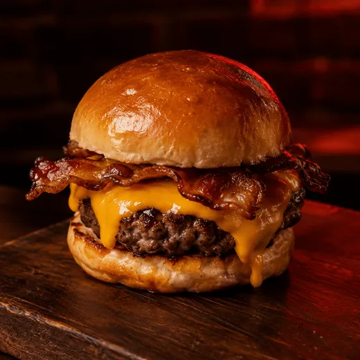 Mini hambúrguer com carne, bacon crocante e cheddar derretido